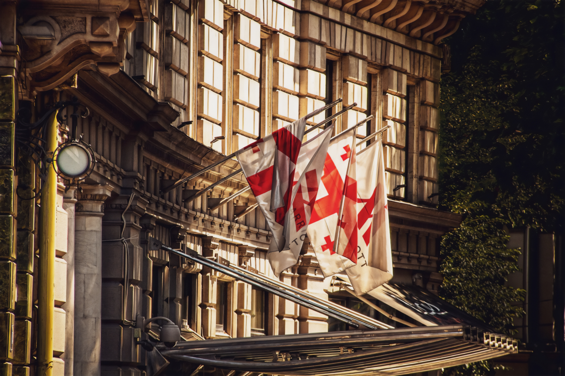 Georgian flags on Tbilisi Marriott facade
